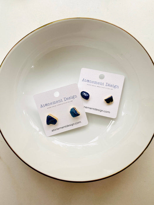 Natural Lapis Brass Plated Stud Earrings