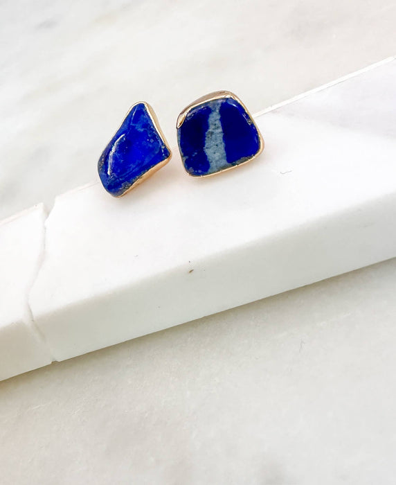 Natural Lapis Brass Plated Stud Earrings