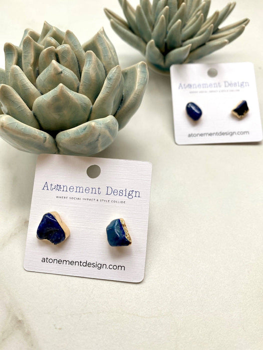 Natural Lapis Brass Plated Stud Earrings