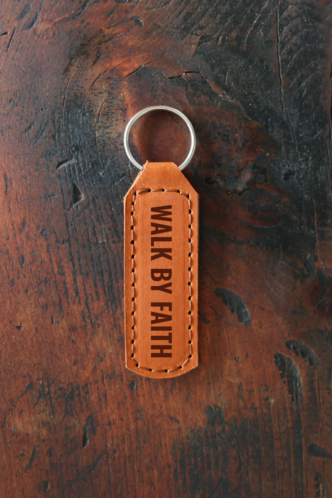 Walk By Faith Keychain Engraved Leather