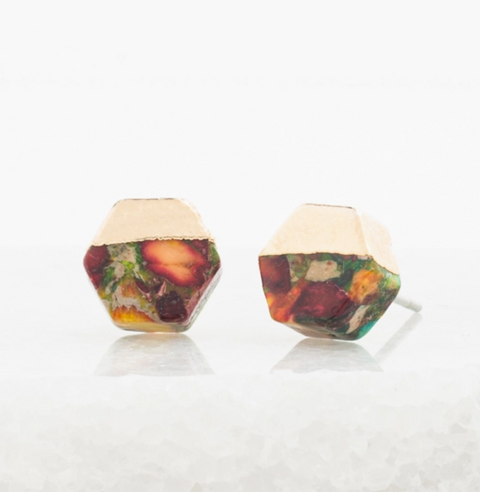 Sedona Stud Earrings in Sunrise Reds- Gold Plated Hexagon Colorful Stud Earrings