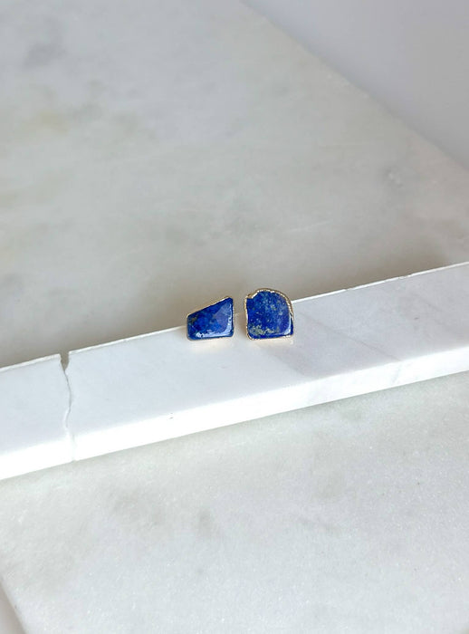 Natural Lapis Brass Plated Stud Earrings