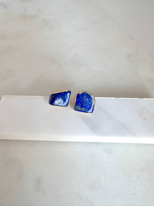 Natural Lapis Brass Plated Stud Earrings