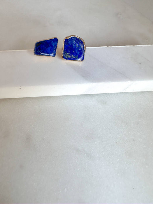 Natural Lapis Brass Plated Stud Earrings