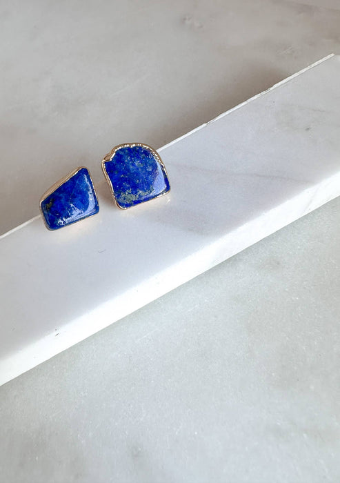 Natural Lapis Brass Plated Stud Earrings