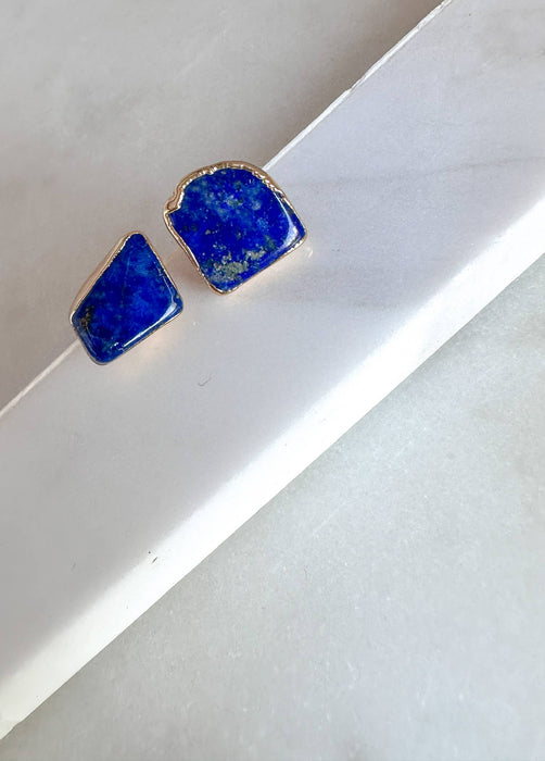 Natural Lapis Brass Plated Stud Earrings