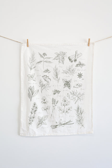 Kitchen Herbs Tea Towel | wild garden herbs cottagecore flour sack tea towel botanical decor greenery plant art cooking herbs spices