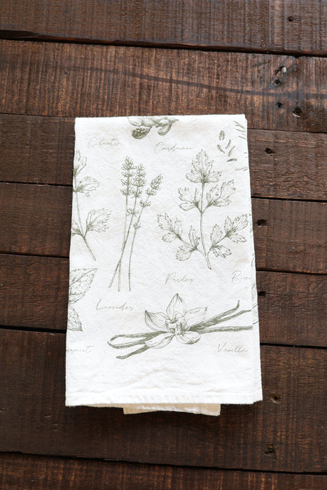 Kitchen Herbs Tea Towel | wild garden herbs cottagecore flour sack tea towel botanical decor greenery plant art cooking herbs spices