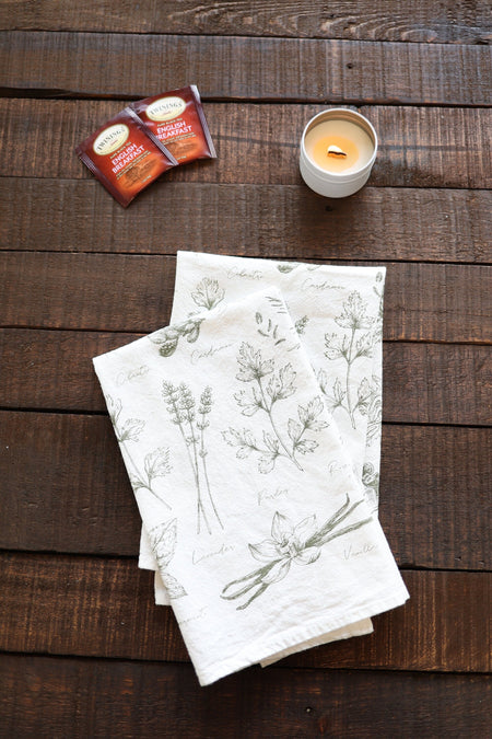 Kitchen Herbs Tea Towel | wild garden herbs cottagecore flour sack tea towel botanical decor greenery plant art cooking herbs spices