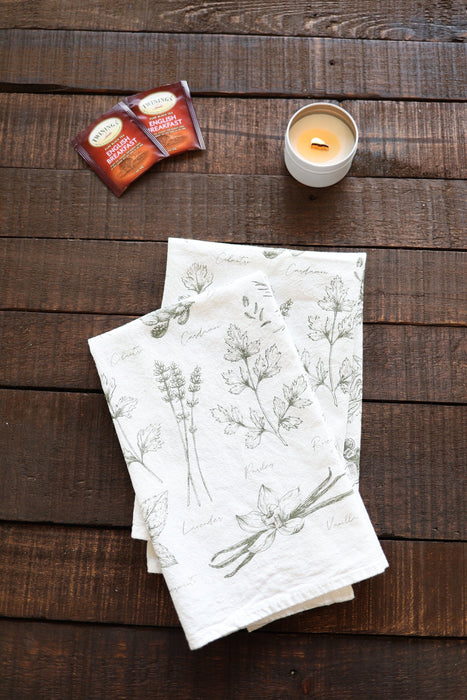 Kitchen Herbs Tea Towel | wild garden herbs cottagecore flour sack tea towel botanical decor greenery plant art cooking herbs spices