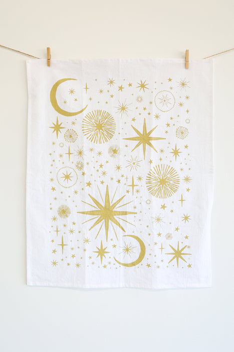 Starlight Tea Towel | star tea towel celestial sky gold stars flour sack tea towel star art kitchen star decor holiday stars