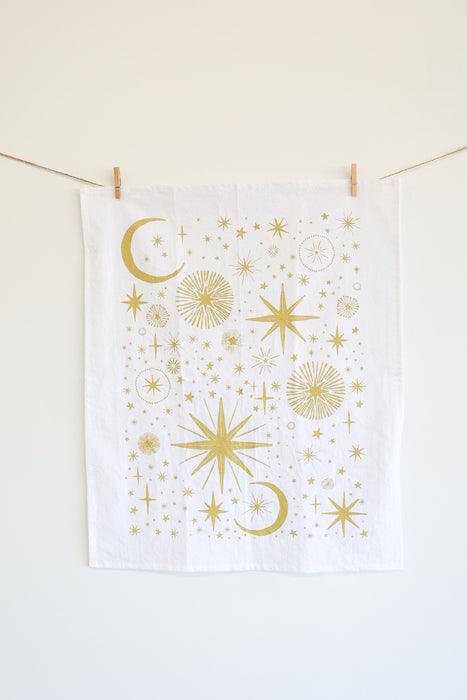 Starlight Tea Towel | star tea towel celestial sky gold stars flour sack tea towel star art kitchen star decor holiday stars
