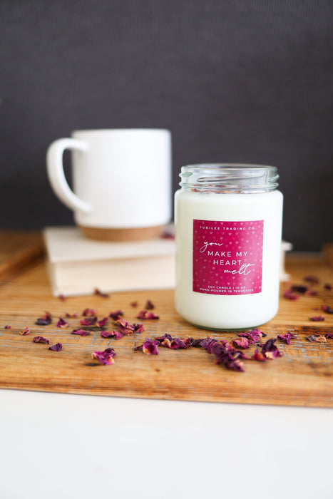 You Make My Heart Melt Candle | valentines candle rose scented natural soy candle galentines gift wooden wick clean burning gift for her