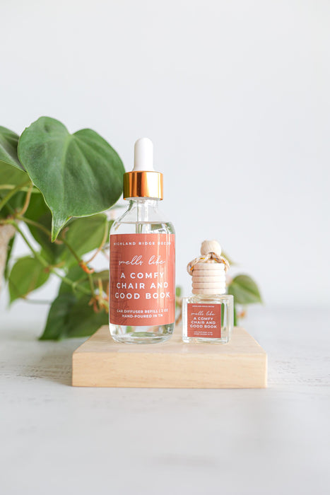A Comfy Chair and Good Book Diffuser Refill | car freshie refill | bottle diffuser refill | tobacco + caramel scent | scented air freshener