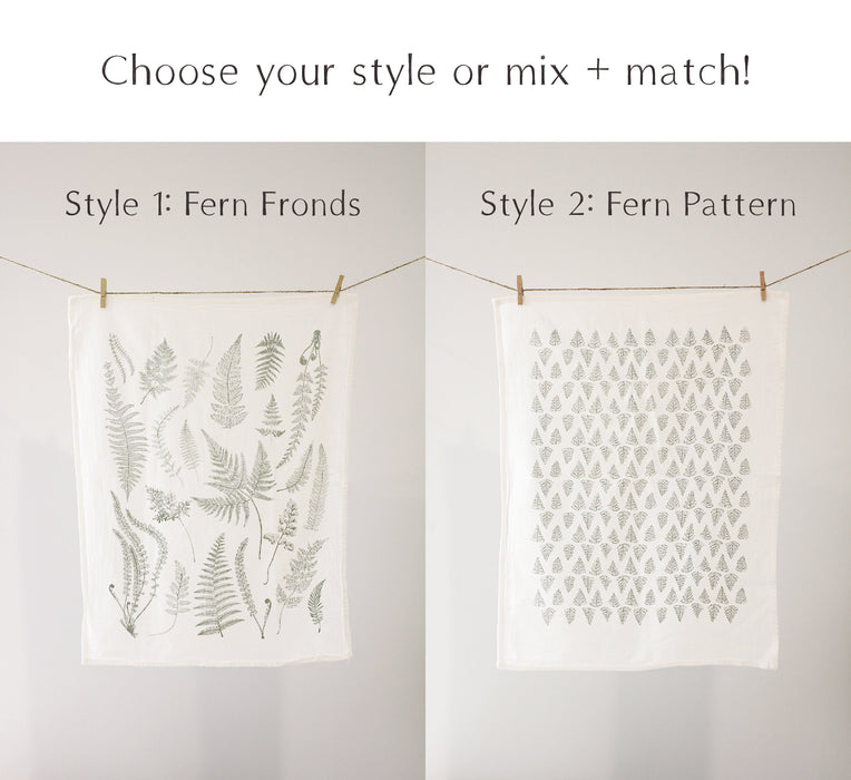 Fern Fronds Pattern Tea Towel Set of 2  |  botanical flour sack towel dish towel kitchen hand towel floral cottagecore kitchen hostess gift