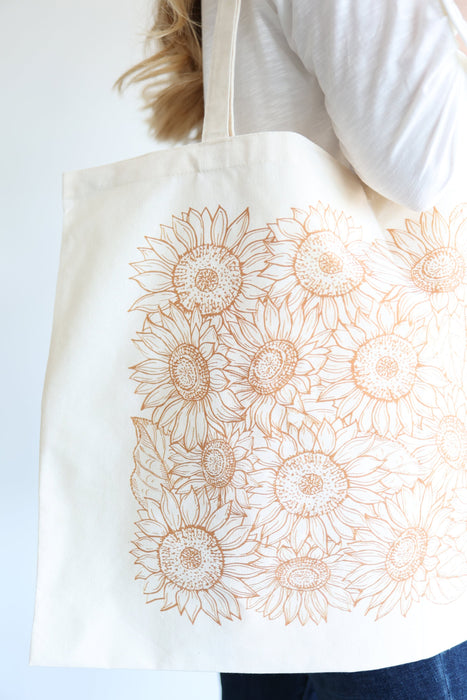 Sunflower Garden Cotton Tote  | large botanical tote sunflower laptop tote book bag floral art printed cotton bag cottagecore sunflower