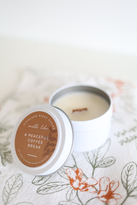 Hand-Poured Soy Candle - Coffee "Peaceful Coffee Break" Tin | cozy coffee scented candle comfort gift natural candle handmade hostess gift