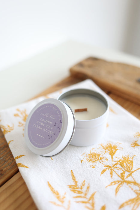 Hand-Poured Soy Candle - Lemon Lilac "Coming Home To A Clean House" Tin | cozy scented candle gift natural candle handmade wood wick clean
