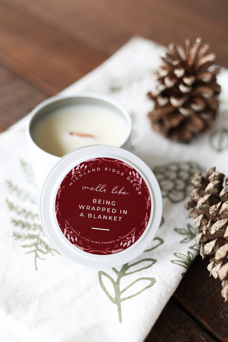 Hand-Poured Soy Candle - Cranberry & Fig "Being Wrapped In A Blanket" Tin | cozy scented candle natural handmade wood wick holiday candle