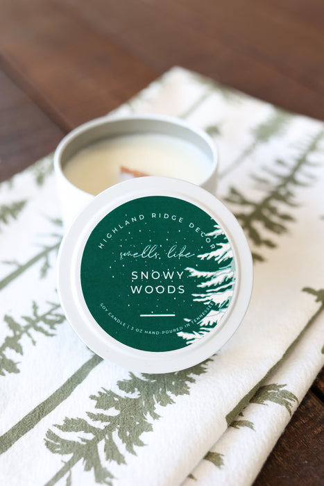 Hand-Poured Soy Candle - Juniper & Balsam "Snowy Woods" Tin | cozy scented candle gift natural handmade wood wick holiday Christmas candle