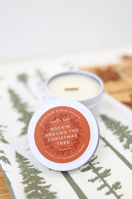 Hand-Poured Soy Candle - Orange Clove "Rockin' Around The Christmas Tree" Tin | cozy scented candle gift handmade holiday Christmas candle