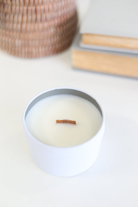 Serenity Candle Tin | handmade candle eucalyptus scented natural soy candle gift for him wooden wick clean burning soy candle sandalwood