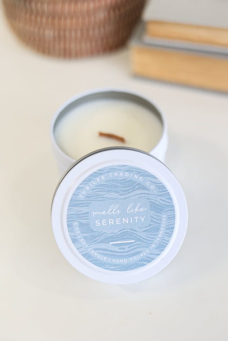 Serenity Candle Tin | handmade candle eucalyptus scented natural soy candle gift for him wooden wick clean burning soy candle sandalwood